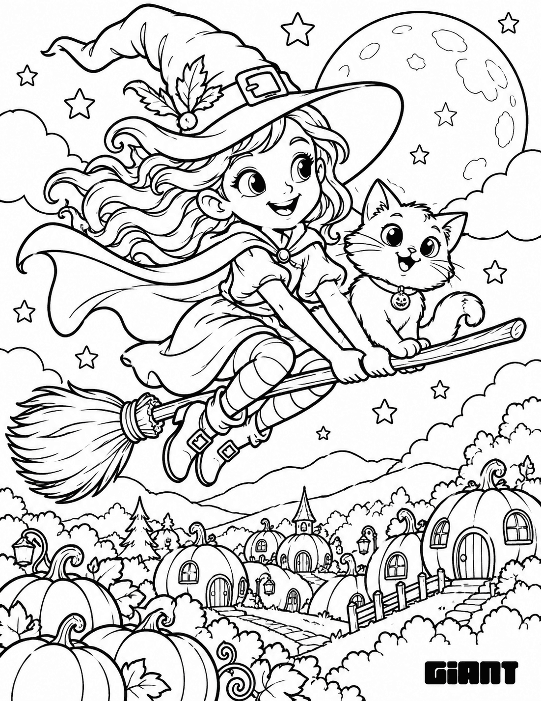 Coloring page of a girl witch and her cat flying a broomstick over a pumpkin village